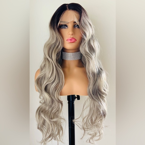 Long Gorgeous 28” Ombre Grey Premium Fiber Lace Front Wig for Daily Wear/Events - Picture 4 of 8